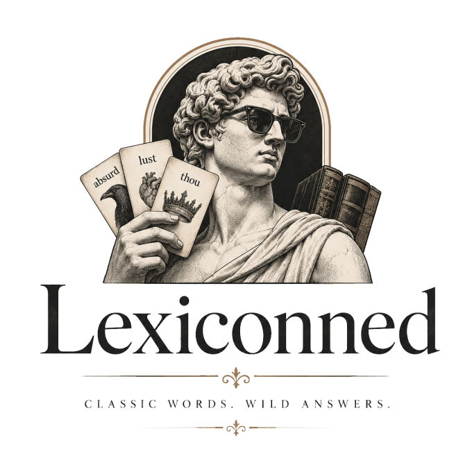 Lexiconned — a classical statue in sunglasses holding word cards